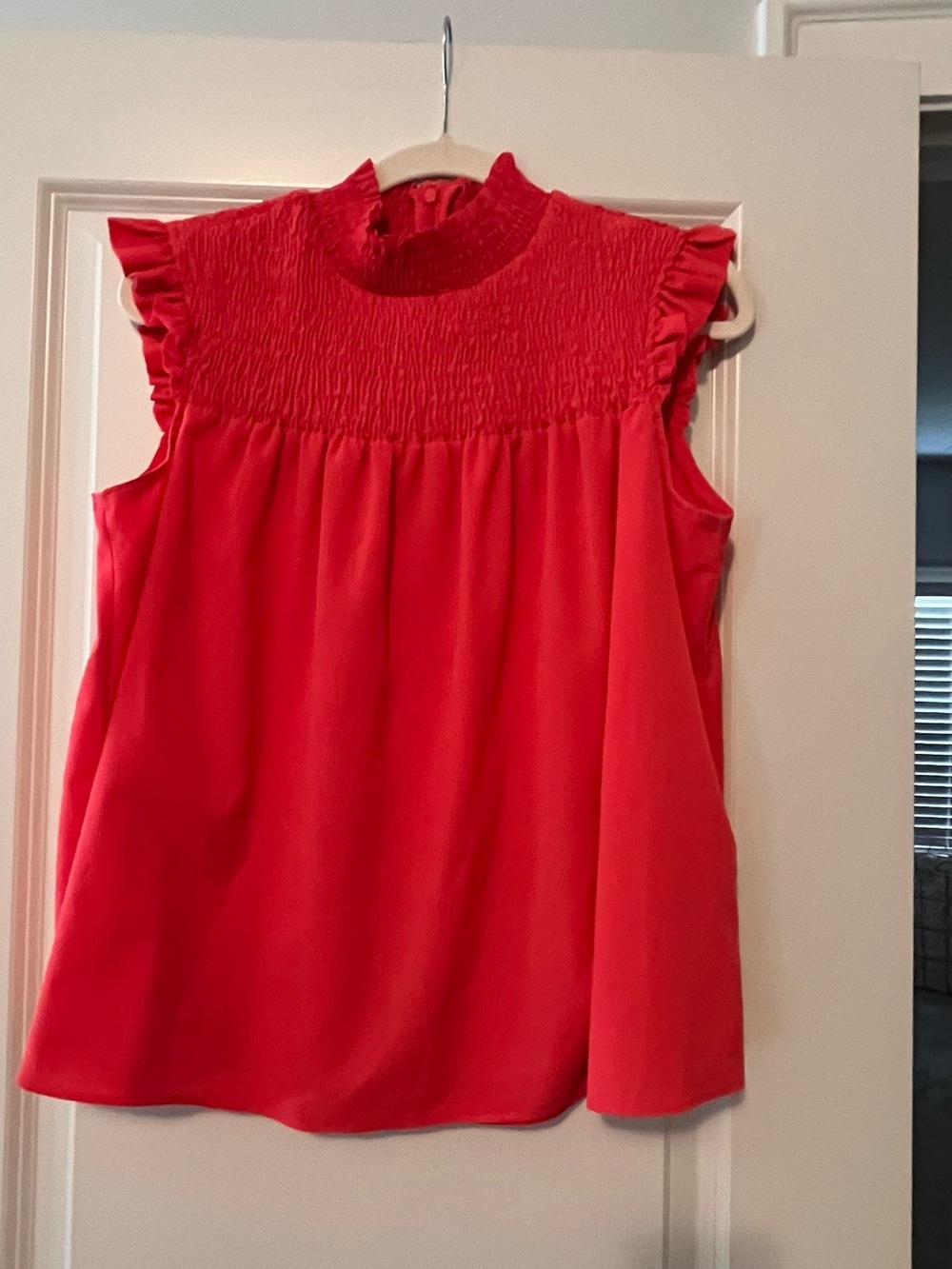 French Connection Red Smocked Mock Neck Sleeveless Blouse